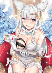 Rule 34 | 1girl, :d, animal ears, asymmetrical clothes, bare shoulders, black thighhighs, blue eyes, blunt bangs, blush, breasts, cleavage, deras, dress, easel, elbow gloves, erune, gloves, granblue fantasy, hair ornament, highres, holding, holding easel, holding notepad, korwa, large breasts, long hair, looking at viewer, notepad, open mouth, quill, showgirl skirt, silver hair, sitting, smile, solo, thighhighs, white thighhighs