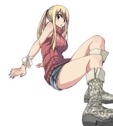 Rule 34 | 1girl, arm support, bare shoulders, blonde hair, boots, breasts, brown eyes, denim, denim shorts, fairy tail, hair between eyes, large breasts, looking at viewer, lucy heartfilia, mashima hiro, nail polish, official art, ponytail, shorts, simple background, sitting, sleeveless, solo, sweater, white background