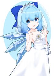 Rule 34 | 1girl, blue bow, blue eyes, blue hair, bow, breasts, cirno, collarbone, cowboy shot, double v, dress, flower, hair bow, headset, highres, ice, ice wings, looking at viewer, medium hair, open mouth, pengin09rx, sleeveless, sleeveless dress, small breasts, solo, strapless, strapless dress, touhou, v, vest, wedding dress, white bow, white dress, white flower, white vest, wings