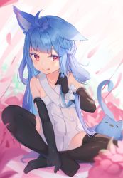 Rule 34 | 1girl, :p, ahoge, animal ear fluff, animal ears, bare shoulders, black gloves, black thighhighs, blue hair, blush, collarbone, commentary, dress, elbow gloves, full body, gloves, hand up, highres, holding, holding own hair, long hair, looking at viewer, mishuo (misuo69421), no shoes, original, red eyes, sitting, solo, symbol-only commentary, tail, tail raised, thighhighs, tongue, tongue out, very long hair, white dress