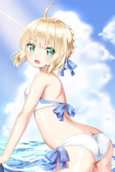 Rule 34 | 1girl, absurdres, ahoge, aro 1801, artoria pendragon (all), artoria pendragon (fate), artoria pendragon (swimsuit archer) (fate), artoria pendragon (swimsuit archer) (first ascension) (fate), ass, bare arms, bare shoulders, bikini, blonde hair, blue ribbon, cloud, day, fate/stay night, fate (series), from behind, green eyes, hair ribbon, highres, looking at viewer, open mouth, ribbon, saber (fate), smile, solo, swimsuit, water, white bikini
