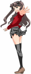Rule 34 | 00s, 1girl, black thighhighs, fate/stay night, fate (series), green eyes, jpeg artifacts, long hair, long legs, miniskirt, shinama, simple background, skirt, solo, standing, thighhighs, tohsaka rin, twintails, two side up, white background