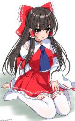 Rule 34 | 1girl, artist name, ascot, black eyes, black hair, blue ascot, blush, bow, closed mouth, dated, detached sleeves, hair bow, hair tubes, hakurei reimu, highres, long hair, long sleeves, looking at viewer, red bow, red ribbon, red skirt, ribbon, ribbon-trimmed legwear, ribbon-trimmed sleeves, ribbon trim, sidelocks, sitting, skirt, solo, thighhighs, touhou, v-shaped eyebrows, wariza, white background, white thighhighs, wide sleeves, yamaguchi yuu, zettai ryouiki