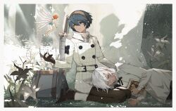 1girl 2boys black_gloves blue_bag blue_eyes blue_hair book coat commentary english_commentary fairy fairy_wings flower gallica_(metaphor:_refantazio) gloves heterochromia highres holding holding_book lap_pillow lirica metaphor:_refantazio multiple_boys outdoors protagonist_(metaphor:_refantazio) sitting sleeping sparkle sword the_prince_(metaphor:_refantazio) wariza weapon white_coat white_flower white_hair wings yellow_eyes