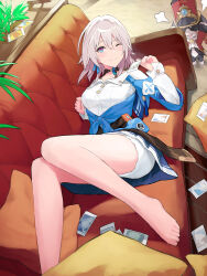 Rule 34 | 1girl, absurdres, ahchuh, bare legs, barefoot, black choker, blue eyes, blue jacket, blue skirt, blush, breasts, camera, choker, closed mouth, collared shirt, commentary, english commentary, eyelashes, feet, foot out of frame, hands up, highres, holding, honkai: star rail, honkai (series), jacket, knees together feet apart, legs, light purple hair, long sleeves, looking at viewer, lying, march 7th (honkai: star rail), medium breasts, medium hair, multicolored eyes, on back, one eye closed, photo (object), purple eyes, shirt, shorts, shorts under skirt, skirt, sleeves past wrists, smile, thighs, tied jacket, toes, two-tone eyes, white shirt, white shorts