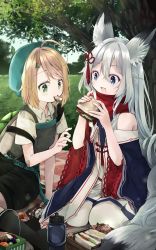 Rule 34 | 2girls, :d, absurdres, animal ears, blonde hair, blue eyes, coat, commission, cookie, dress, fang, fen (vtuber), food, fox ears, fox girl, fox tail, fruit, green eyes, hat, highres, indie virtual youtuber, long hair, mouth hold, multiple girls, nanana (nanana iz), off-shoulder coat, off shoulder, open clothes, open coat, open mouth, original, outdoors, picnic, sandwich, scarf, second-party source, shirt, short dress, short hair, short sleeves, shorts, sitting, skeb commission, skin fang, smile, tail, virtual youtuber, white hair, wide sleeves
