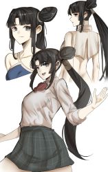 Rule 34 | absurdres, bare shoulders, black hair, blue eyes, bow, code nt, collarbone, fate/grand order, fate (series), from behind, highres, long hair, looking at viewer, looking back, looking to the side, mole, mole under eye, pleated skirt, red bow, school uniform, side ponytail, simple background, skirt, smile, swimsuit, ushiwakamaru (fate), ushiwakamaru (fate/grand order), ushiwakamaru (swimsuit assassin) (fate), white background