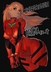 Rule 34 | 1girl, absurdres, alternate breast size, blue eyes, bodysuit, breasts, brown hair, character name, cowboy shot, curvy, dated, floating hair, hair between eyes, hair ornament, head tilt, highres, large breasts, lips, long hair, looking at viewer, looking to the side, neon genesis evangelion, pilot suit, plugsuit, red bodysuit, shiny clothes, simple background, skin tight, solo, souryuu asuka langley, thighs, unizama, wide hips