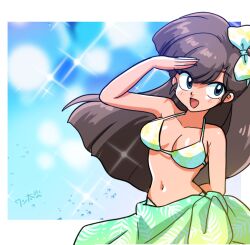 Rule 34 | 1girl, :d, bikini, blue eyes, blush, bow, breasts, brown hair, cleavage, hair bow, hand on own forehead, kuonji ukyou, long hair, looking to the side, medium breasts, navel, open mouth, palm tree print, ranma 1/2, shading eyes, signature, smile, sparkle background, swimsuit, two-tone bikini, two-tone bow, wanta (futoshi), wrap skirt