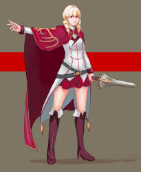 Rule 34 | 1girl, absurdres, bad id, bad pixiv id, belt, blonde hair, boots, cape, coattails, drill hair, erika wagner, full body, highres, knee boots, outstretched arm, red eyes, red seiryu, short sword, simple background, skirt, solo, sword, tailcoat, twin drills, twintails, under night in-birth, under night in-birth exe:late[st], weapon
