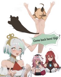 4girls ahoge animal_ear_fluff animal_ears blue_fire blush breasts cecilia_immergreen cecilia_immergreen_(1st_costume) cellphone cleavage colored_inner_hair detached_sleeves doll_joints dress elizabeth_rose_bloodflame english_text fire gigi_murin green_eyes green_hair grey_hair highres hololive hololive_english joints long_hair multicolored_hair multiple_girls nude open_mouth panther_ears panther_girl phone pink_hair raora_panthera red_eyes red_hair running short_hair smartphone streaked_hair streaking sumi_1800 two-tone_hair virtual_youtuber winding_key yellow_eyes