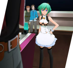 Rule 34 | 10s, 1girl, aquarion (series), aquarion evol, bare shoulders, black thighhighs, boots, breastless clothes, breasts, green hair, hair ribbon, hand on own hip, highres, hip focus, purple eyes, ribbon, screencap, short hair, skirt, sleeveless, smile, thigh boots, thighhighs, zessica wong