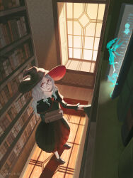 Rule 34 | 1girl, absurdres, book, fairy, fantasy, glasses, grey hair, hat, highres, hirokima, holding, holding book, indoors, library, long hair, original, red eyes, round eyewear, skirt, sunlight, see-through body, window, witch, witch hat