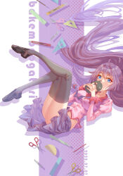 Rule 34 | 1girl, absurdres, bakemonogatari, black footwear, black thighhighs, blue eyes, boxcutter, breasts, character doll, commentary request, covering own mouth, dated, highres, innoarukugyou, juliet sleeves, knees up, legs, loafers, long hair, long sleeves, medium breasts, monogatari (series), naoetsu high school uniform, necktie, pencil, pink shirt, pleated skirt, puffy sleeves, purple hair, purple necktie, purple skirt, ruler, school uniform, scissors, senjougahara hitagi, shirt, shoes, skirt, solo, stapler, thighhighs, zettai ryouiki