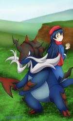 Rule 34 | 1girl, artist name, artist request, blue hair, blue shirt, blue skirt, blue sky, blush, breasts, brown eyes, cloud, creatures (company), dated, day, detached sleeves, female focus, from behind, game freak, grass, hair between eyes, hat, highres, holding, holding poke ball, long hair, long sleeves, looking at viewer, looking back, love live!, love live! school idol project, miniskirt, nintendo, outdoors, parted lips, peaked cap, plaid, plaid skirt, pleated, pleated skirt, poke ball, pokemon, pokemon (creature), pokemon legends: arceus, red hat, red scarf, scarf, shirt, skirt, sky, smile, solo, sonoda umi, yellow eyes