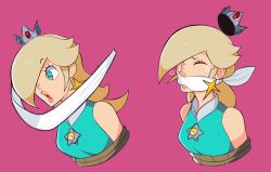 Rule 34 | 1girl, blonde hair, bound, closed eyes, crown, crying, earrings, gagged, green eyes, green shirt, highres, jewelry, long hair, mario (series), mario tennis, mild magicks, multiple views, nintendo, open mouth, pink background, rope, rosalina, shirt, simple background, sleeveless, upper body
