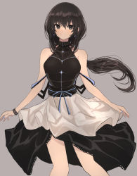 Rule 34 | 1girl, apron, bare arms, bare shoulders, black eyes, black hair, black shirt, black skirt, breasts, brown background, closed mouth, collarbone, commentary request, covered collarbone, floating hair, hair between eyes, highres, hinomaru (futagun), long hair, low ponytail, medium breasts, original, ponytail, shirt, simple background, skirt, sleeveless, sleeveless shirt, smile, solo, very long hair, waist apron, white apron