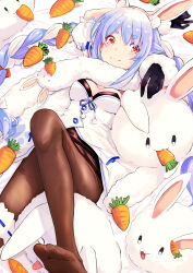 Rule 34 | 1girl, absurdres, animal ears, black pantyhose, blue hair, braid, breasts, carrot, cleavage, closed mouth, commentary request, don-chan (usada pekora), fur scarf, highres, hololive, looking at viewer, medium breasts, pantyhose, pekomon (usada pekora), rabbit, rabbit ears, rabbit girl, red eyes, smile, twin braids, twintails, usada pekora, usada pekora (1st costume), virtual youtuber, white hair, yuuka (a0240765)