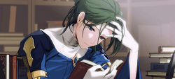 Rule 34 | 1boy, blue hair, blue shirt, book, closed mouth, fire emblem, fire emblem: three houses, gloves, green hair, hand up, holding, holding book, indoors, linhardt von hevring, long hair, long sleeves, male focus, nintendo, reading, shirt, solo, sophie (693432), upper body, white gloves, wide sleeves