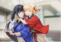 Rule 34 | 2girls, bad id, bad pixiv id, bandaid, bandaid on cheek, bandaid on face, black hair, blonde hair, blue hairband, blue kimono, blue sash, blunt bangs, ceiling, cheek-to-cheek, closed eyes, commentary request, from side, hair ribbon, hairband, head tilt, heads together, holding, holding tray, hug, hug from behind, indoors, inoue takina, japanese clothes, kimono, long hair, looking at another, lycoris recoil, medium hair, multiple girls, nishikigi chisato, obi, one eye closed, open mouth, parted lips, ponytail, purple eyes, red kimono, red ribbon, red sash, ribbon, sash, sidelocks, smile, smirk, teeth, tr6xx, tray, v, wall, wide sleeves, wooden tray