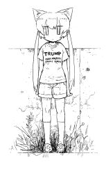 Rule 34 | 1girl, animal ears, clothes writing, crocs, donald trump, english text, full body, greyscale, hade na kangofu, highres, lineart, long hair, looking at viewer, make america great again, monochrome, outdoors, shirt, shorts, socks, solo, standing, t-shirt, twintails