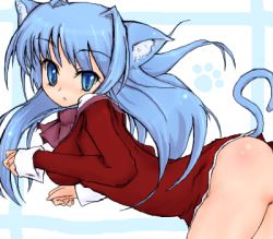 Rule 34 | animal ears, asage, ass, blue eyes, blue hair, cat ears, cat tail, kanon, lowres, minase nayuki, non-web source, school uniform, solo, tail