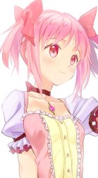 Rule 34 | 1girl, arm at side, breasts, buttons, center frills, choker, closed mouth, collarbone, eyelashes, facing viewer, frilled sleeves, frills, hair ribbon, homare (homaredai), kaname madoka, light blush, light smile, looking afar, looking away, magical girl, mahou shoujo madoka magica, mahou shoujo madoka magica (anime), outstretched arm, parted bangs, pink eyes, pink hair, pink ribbon, puffy short sleeves, puffy sleeves, red choker, red ribbon, ribbon, ribbon choker, short sleeves, short twintails, sidelocks, simple background, small breasts, smile, solo, soul gem, twintails, upper body, white background
