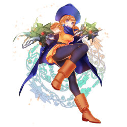 Rule 34 | 1girl, alena (dq4), belt, black belt, black pantyhose, blue cape, blue headwear, blush, breasts, brown footwear, brown hair, cape, curly hair, dragon quest, dragon quest iv, earrings, embers, full body, happy, jewelry, kakizaka hachishika, large breasts, leg up, long hair, looking at viewer, open mouth, pantyhose, purple eyes, simple background, solo, teeth, upper teeth only, white background