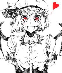 Rule 34 | 1girl, :d, bat wings, excited, fang, female focus, happy, hat, heart, monochrome, open mouth, red eyes, remilia scarlet, short hair, smile, solo, spot color, touhou, vampire, watata13, wings
