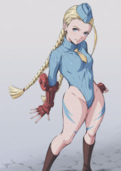 Rule 34 | 1girl, absurdres, ahoge, blonde hair, blue eyes, blue leotard, boots, braid, breasts, cammy white, camouflage, closed mouth, commentary request, covered navel, facial scar, fingerless gloves, garrison cap, gloves, grey background, hat, highleg, highleg leotard, highres, knee boots, leotard, lips, long hair, long sleeves, looking at viewer, necktie, red gloves, ribbed leotard, scar, scar on cheek, scar on face, shiny skin, simple background, small breasts, solo, street fighter, street fighter zero (series), thighs, turtleneck, twin braids, twintails, tyanoki