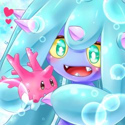 Rule 34 | :&gt;, aije, blush, bubble, close-up, corsola, creatures (company), eye contact, game freak, gen 2 pokemon, gen 7 pokemon, happy, heart, holding, looking at another, mareanie, nintendo, no humans, open mouth, pokemon, pokemon (creature), pokemon sm, sharp teeth, sparkling eyes, spikes, teeth, underwater, water
