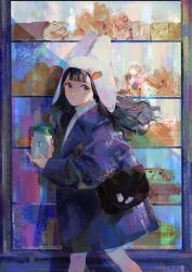 Rule 34 | 1girl, :o, animal ears, bag, black hair, blue coat, blue eyes, blunt bangs, bread, carrot, carrot hat ornament, coat, commentary, cup, day, feet out of frame, floating hair, food, from side, hat, hat ornament, hat with ears, highres, holding, holding cup, jamu (yakinikuoi4), long sleeves, looking at viewer, looking to the side, original, outdoors, rabbit ears, rabbit girl, shelf, shoulder bag, solo, sticker, storefront, sunlight, sweater, symbol-only commentary, turtleneck, turtleneck sweater, walking, wavy hair, white hat, white sweater, winter clothes