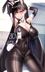 Rule 34 | 1girl, animal ears, arm warmers, armpits, arms behind head, arms up, black hair, black halo, black leotard, black pantyhose, blue archive, blush, breasts, cleavage, collar, detached collar, fake animal ears, hair ornament, hairpin, halo, highres, large breasts, leotard, looking at viewer, navel, pantyhose, playboy bunny, presenting armpit, rabbit ears, rabbit tail, red eyes, rio (blue archive), silly (marinkomoe), strapless, strapless leotard, tail, white collar