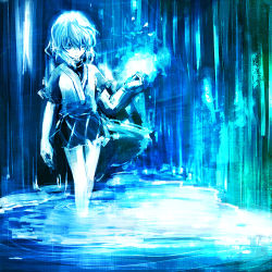 Rule 34 | 1girl, blue theme, dress, expressionless, female focus, glowing, mark, mark (heaven), mizuhashi parsee, monochrome, pointy ears, skirt, solo, standing, touhou, wading, water