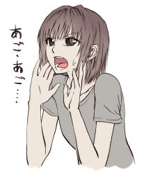 Rule 34 | 1girl, brown eyes, brown hair, cupping hands, grey shirt, leaning forward, marker (medium), open mouth, original, own hands together, poaro, shirt, shouting, simple background, solo, t-shirt, traditional media, translation request, upper body, white background