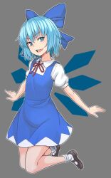 Rule 34 | 1girl, black footwear, blue bow, blue dress, blue eyes, blue hair, bow, cirno, commentary, detached wings, dress, full body, grey background, hair bow, high heels, highres, ice, ice wings, kakone, looking at viewer, open mouth, short hair, simple background, socks, solo, teeth, touhou, upper teeth only, white socks, wings
