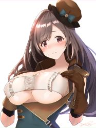 Rule 34 | 1girl, bandeau, bare shoulders, belt, blue dress, blush, bowler hat, breasts, brown eyes, brown hair, brown hat, cleavage, closed mouth, dress, gloves, hat, idolmaster, idolmaster shiny colors, large breasts, leather, leather gloves, long hair, looking at viewer, simple background, solo, suspenders, swept bangs, tsukioka kogane, underboob, underbust, wattsu, white background