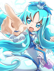 Rule 34 | 1girl, blue choker, blue hair, brooch, choker, clear glass (mildmild1311), clenched hand, commentary request, cure marine, hair ornament, heart, heart brooch, heart hair ornament, heartcatch precure!, highres, jewelry, kurumi erika, long hair, magical girl, open mouth, parted bangs, pointing, precure, solo, wrist cuffs