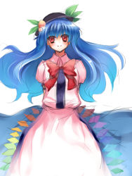 Rule 34 | 1girl, arms behind back, blue hair, bow, female focus, hat, hinanawi tenshi, long hair, red eyes, rie (reverie), smile, solo, touhou