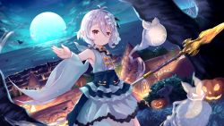 Rule 34 | 1girl, antenna hair, armpits, building, cityscape, cloud, cloudy sky, commentary, detached sleeves, eyes visible through hair, flower, full moon, ghost, grey eyes, hair between eyes, hair flower, hair ornament, halloween, highres, holding, holding polearm, holding spear, holding weapon, horizon, jack-o&#039;-lantern, kokkoro (princess connect!), looking at viewer, moon, night, night sky, ocean, pointy ears, polearm, poumi, princess connect!, pumpkin, reaching, reaching towards viewer, short hair, sidelocks, sky, smile, spear, split mouth, weapon, white hair, wide sleeves