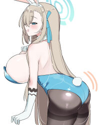 Rule 34 | 1girl, akitokage, animal ears, ass, asuna (blue archive), asuna (bunny) (blue archive), bare shoulders, blue archive, blue eyes, blue leotard, blush, breasts, brown pantyhose, detached collar, elbow gloves, fake animal ears, gloves, hair over one eye, highleg, highleg leotard, highres, huge breasts, leotard, light brown hair, long hair, looking at viewer, official alternate costume, open mouth, pantyhose, playboy bunny, rabbit ears, rabbit tail, sideboob, smile, solo, tail, thighband pantyhose, thighs, white gloves