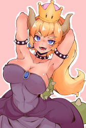 Rule 34 | 1girl, absurdres, armlet, armpits, arms behind head, arms up, bare shoulders, blonde hair, blue eyes, bowsette, breasts, cleavage, collar, covered erect nipples, crown, dress, earrings, fangs, highres, horns, jewelry, large breasts, long hair, looking at viewer, mario (series), new super mario bros. u deluxe, nintendo, okuva, open mouth, outline, pink background, pointy ears, sharp teeth, solo, spiked armlet, spiked collar, spikes, strapless, strapless dress, super crown, tail, teeth, thick eyebrows, turtle shell