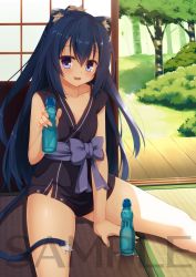 Rule 34 | 1girl, :d, animal ears, architecture, blue eyes, blue hair, blush, bottle, bow, breasts, bush, cat ears, cat girl, cat tail, cleavage, collarbone, east asian architecture, gluteal fold, half updo, highres, holding, holding bottle, japanese clothes, kimono, long hair, looking at viewer, matching hair/eyes, open mouth, original, paw print, purple bow, ramune, sample watermark, sash, short kimono, sitting, sleeveless, small breasts, smile, solo, spread legs, tail, tatami, tree, watermark, yuzu modoki