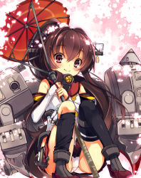 Rule 34 | 10s, 1girl, aged down, black thighhighs, blush, brown eyes, brown hair, cherry blossoms, detached sleeves, flower, hair ornament, kantai collection, long hair, looking at viewer, mayusaki yuu, oil-paper umbrella, panties, pantyshot, personification, ponytail, skirt, smile, solo, thighhighs, umbrella, underwear, upskirt, white panties, yamato (kancolle)
