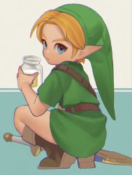 Rule 34 | 1boy, :/, belt, blonde hair, blue eyes, bottle, brown belt, brown footwear, child, closed mouth, dress, from behind, green dress, green headwear, grey background, highres, holding, holding bottle, ivy (sena0119), link, looking back, male focus, milk, nintendo, pointy ears, shoes, short hair, short sleeves, solo, squatting, sword, the legend of zelda, the legend of zelda: ocarina of time, two-tone background, weapon, young link