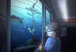 Rule 34 | 1girl, absurdres, air bubble, blue shirt, blush, bottle, brown hair, bubble, caustics, ceiling light, closed eyes, commentary request, fish, fish hair ornament, fish request, fluorescent lamp, hair ornament, highres, kani aji, kani aji-chan, long sleeves, oarfish, ocean, on chair, open mouth, original, power lines, print shirt, raised eyebrows, school of fish, shirt, short hair, sitting, sleeping, sleeping upright, solo, starfish, train interior, translation request, underwater, utility pole, window