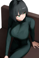 Rule 34 | 1girl, black dress, black hair, blunt bangs, breasts, closed mouth, couch, dress, expressionless, from above, fubuki (one-punch man), green eyes, highres, large breasts, long sleeves, looking to the side, on couch, one-punch man, senju (snz0), shadow, short hair, sitting, solo, tight clothes, turtleneck, turtleneck dress