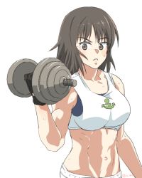 Rule 34 | 1girl, black eyes, black gloves, black hair, closed mouth, commentary, dumbbell, ei (akinosakae), exercising, frown, girls und panzer, gloves, long hair, looking at viewer, murakami (girls und panzer), muscular, muscular female, navel, one-hour drawing challenge, simple background, solo, sports bra, standing, sweat, twitter username, upper body, weightlifting, white background, white sports bra