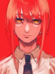 Rule 34 | 1girl, black necktie, bonjindaaa, bored, braid, braided ponytail, chainsaw man, collared shirt, highres, looking at viewer, makima (chainsaw man), medium hair, necktie, ponytail, red background, red hair, ringed eyes, shirt, sidelocks, simple background, solo, white shirt