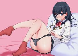 Rule 34 | 10s, 1girl, ass, black hair, black panties, black skirt, blouse, blue eyes, blush, bouen, bow, bowtie, bra, breasts, embarrassed, emblem, feet, from side, frown, full body, gridman universe, indoors, knees up, leg up, long hair, long sleeves, looking at viewer, lying, medium breasts, microskirt, no shoes, on back, panties, panty pull, partially unbuttoned, pillow, pink background, pleated skirt, polka dot, polka dot bra, polka dot panties, pulled by self, red bow, red bowtie, red socks, school uniform, shirt, skirt, socks, solo, ssss.gridman, sweat, takarada rikka, thighs, underwear, white shirt